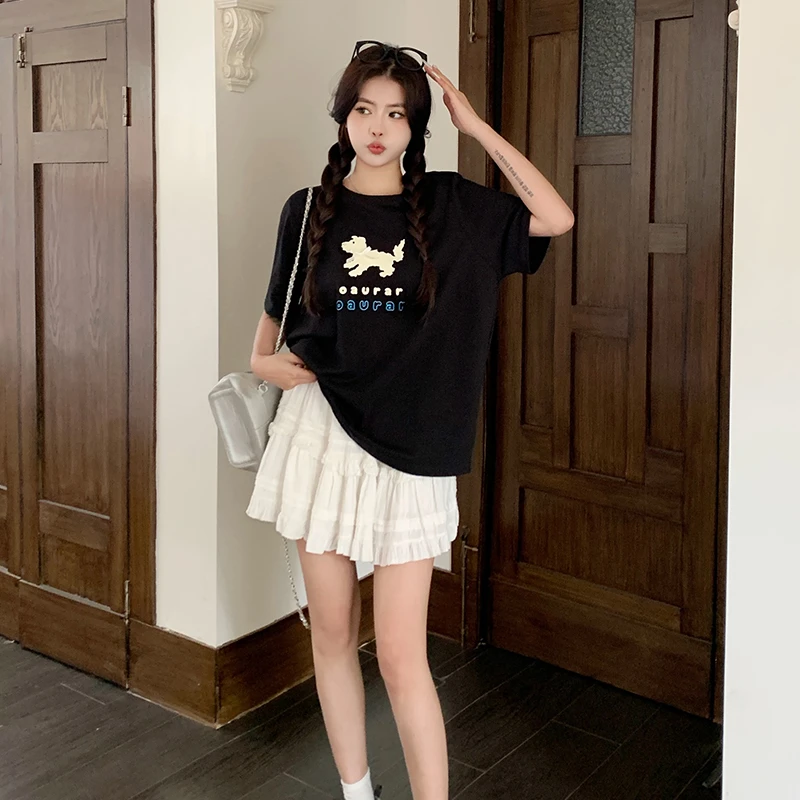 5026135大码女装韩蝴蝶结小狗印花正肩T恤套头夏季新款圆领简约