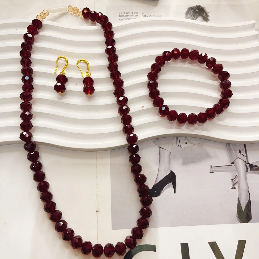 非金属玻璃项链 红色货号2583时尚项链仿水晶项链三件套