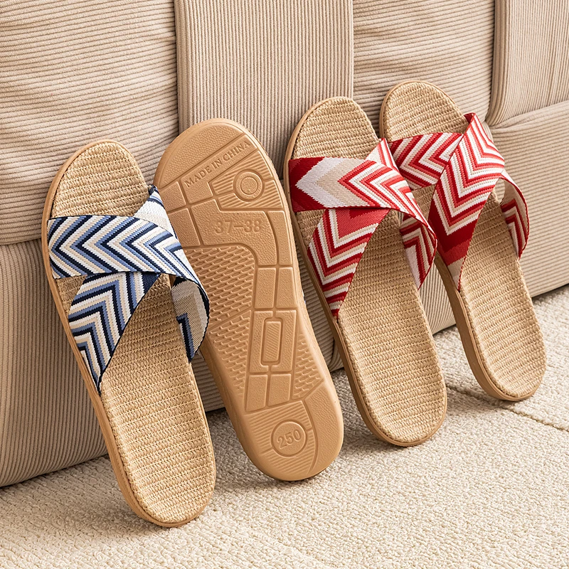 交叉带亚麻拖鞋居家防滑吸汗透气情侣室内凉拖夏季软底舒适时尚