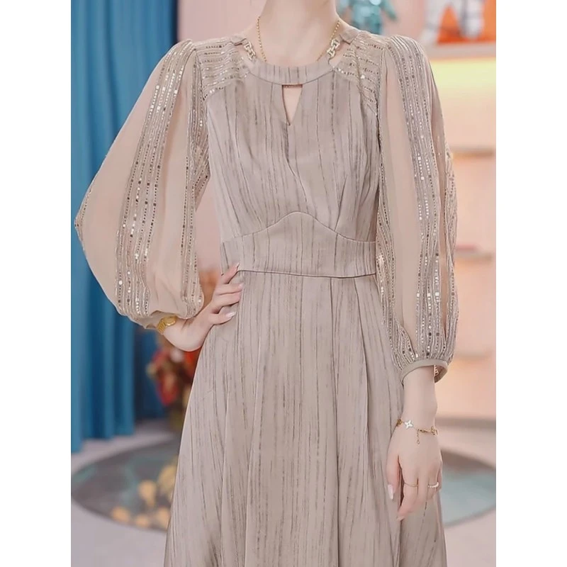 2025秋季新款奢华遮肚显瘦九分袖过膝礼服裙高档金丝缎面料连衣裙