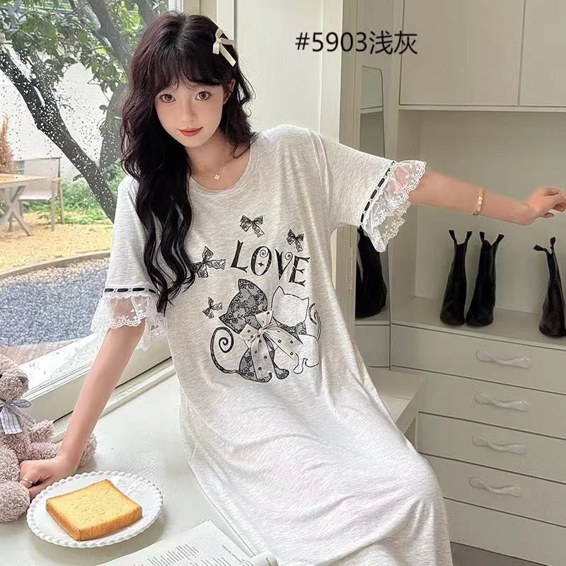 夏季新款莫代尔ins风短袖带胸垫中长款睡裙女式宽松家居服