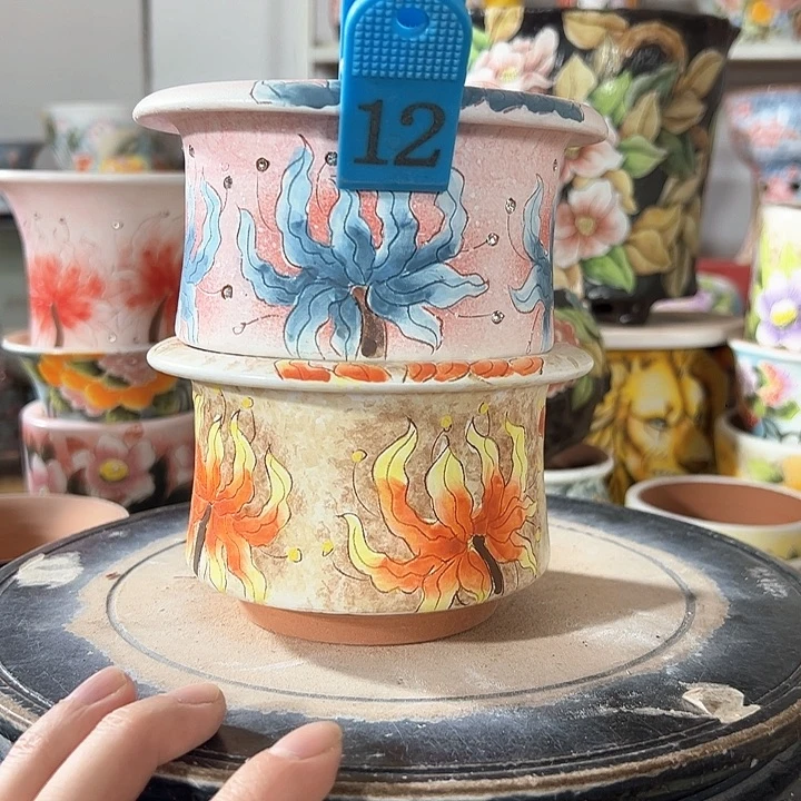 景德镇手绘花盆满38包邮盈***笑