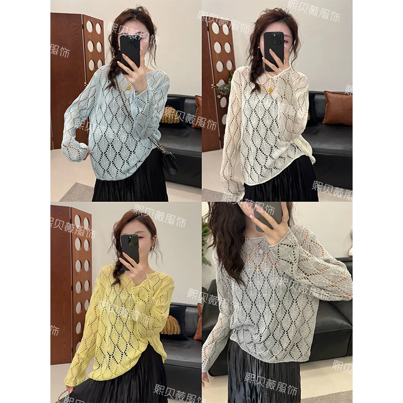 熙贝薇6 天爽亚麻菱形格镂空针织衫春夏纯色慵懒风宽松上衣 G7388