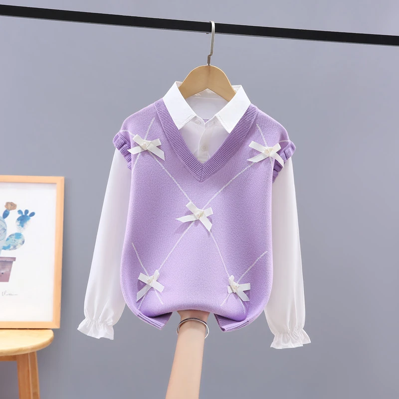 女童学生假两件毛衣春秋装红色新款儿童针织线衫中大童衬衫领衣服