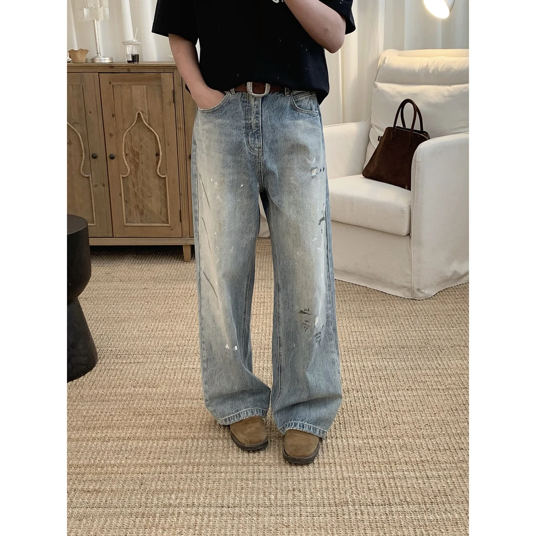 阿茶与阿古蓝色涂鸦牛仔裤男款夏季韩版直筒宽松休闲裤子A2504109