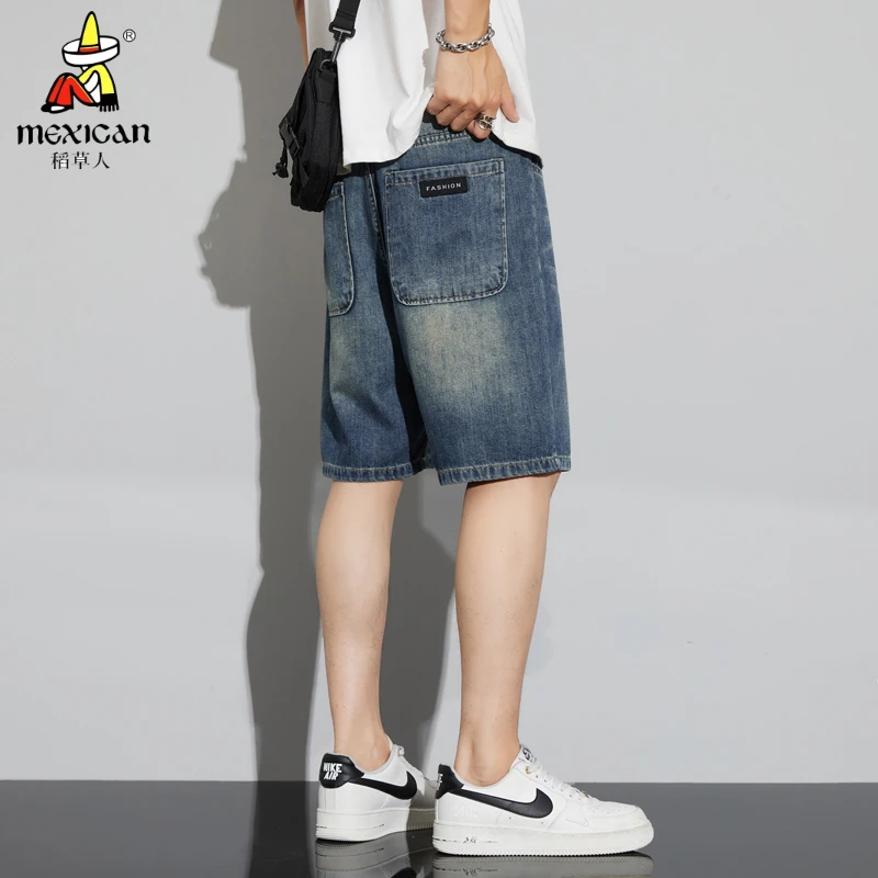 Mexican/稻草人夏季潮牌牛仔薄款短裤男士宽松百搭大码五分牛仔裤