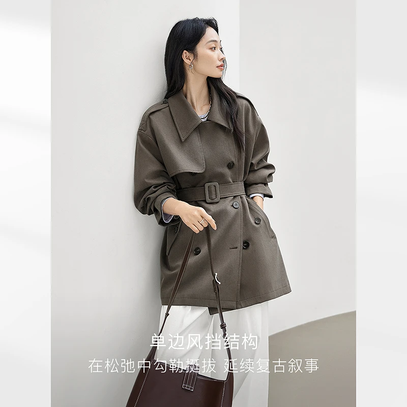 D01对白超好看莱赛尔风衣外套女秋季新款双排扣大衣FDF021