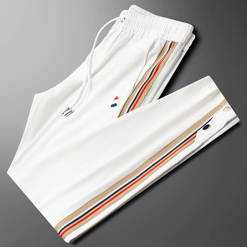 索特乔勃冰丝麻料休闲裤男修身直筒夏季薄款撞色时尚透气运动卫裤