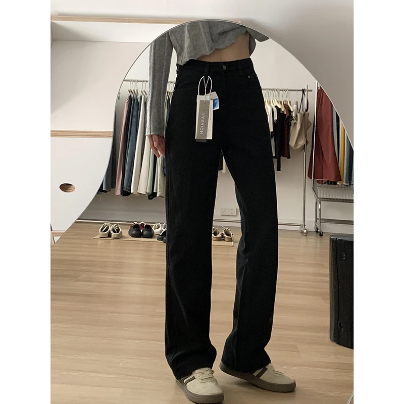 美式黑色直筒牛仔裤女2025年春秋新款高腰宽松显瘦阔腿拖地裤子