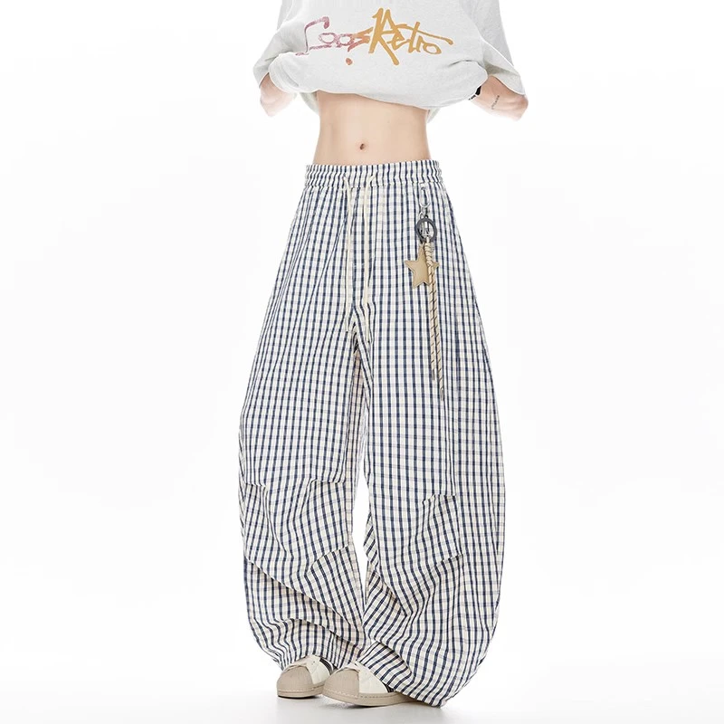 星星挂饰格子弯刀休闲裤女男夏季宽松垂感阔腿裤慵懒风直筒拖地裤
