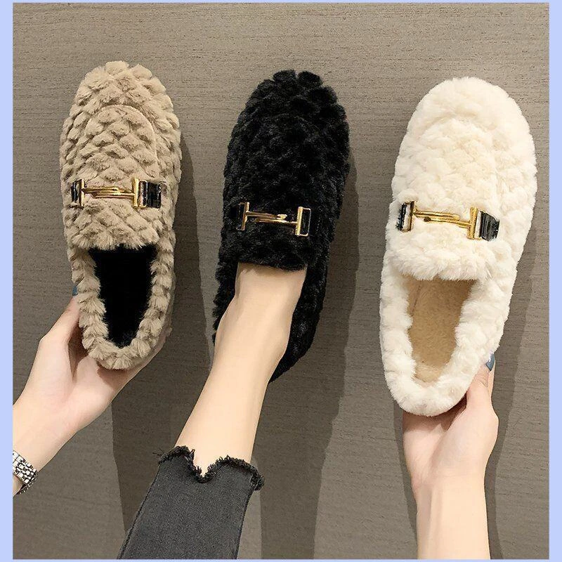 毛毛鞋女秋冬季穿新款加绒棉鞋平底百搭韩版一脚蹬豆豆鞋D625