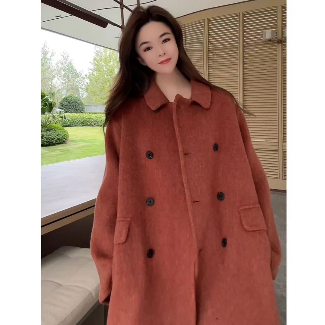 圣逸2025秋冬新款双面呢中长款原创设计韩式风格呢子大衣外套女