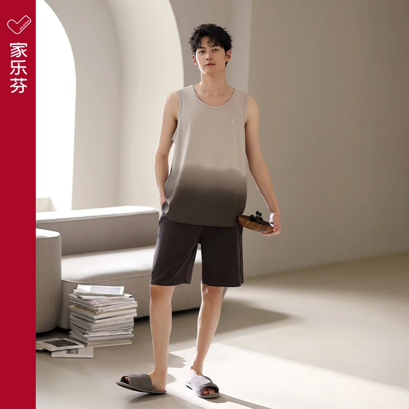 家乐芬睡衣男士夏天夏季薄背心短裤莫代尔家居服大码渐变休闲套装
