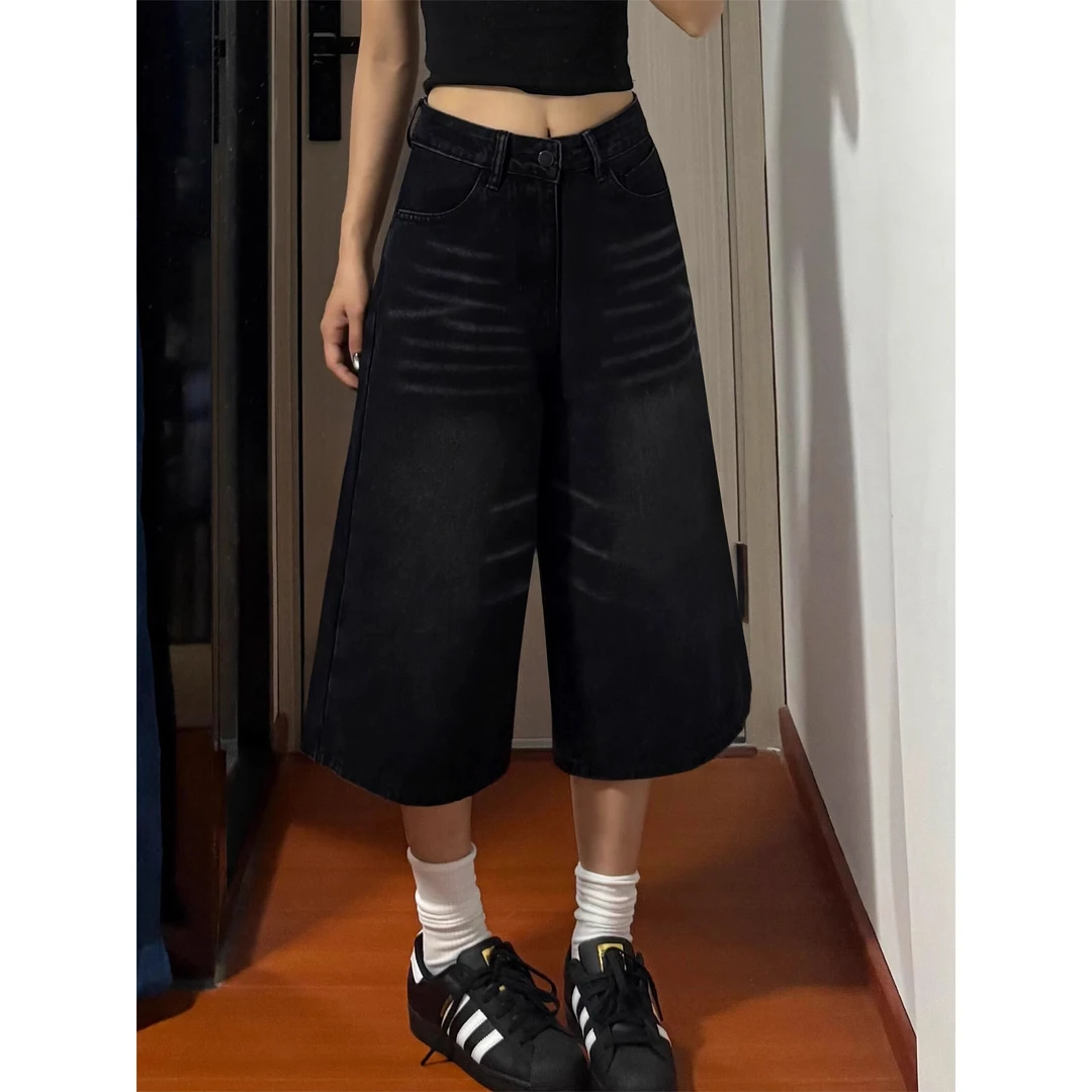 黑色牛仔七分裤女夏季新款胖妹妹mm梨形身材宽松显瘦直筒阔腿中裤