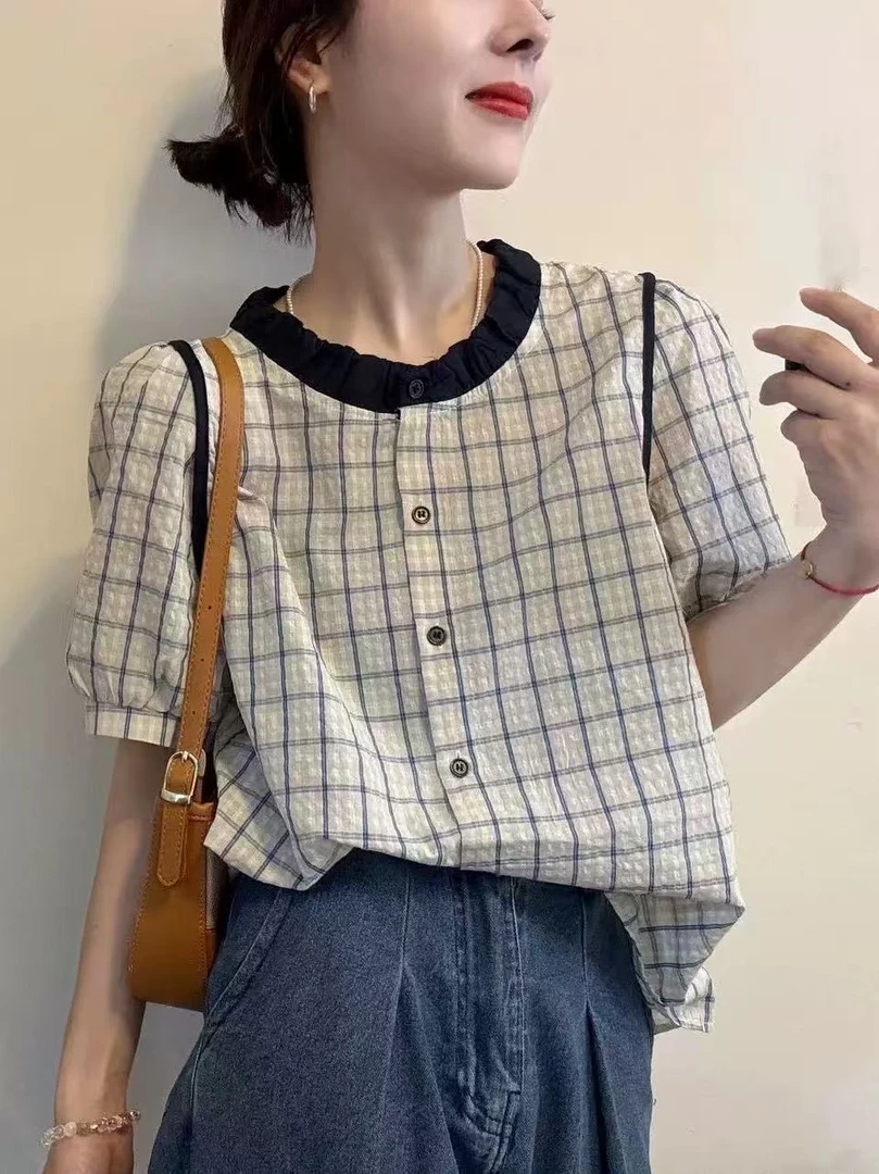 短袖夏季格子印花印染泡泡袖衬衫上衣衬衣百搭拼接洋气圆领设计感