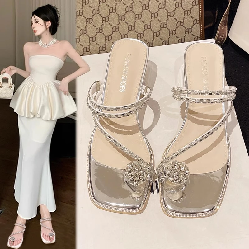 【万象撤柜】银色凉鞋女外穿2025新款法式鸽子蛋水钻百搭夹趾凉拖鞋