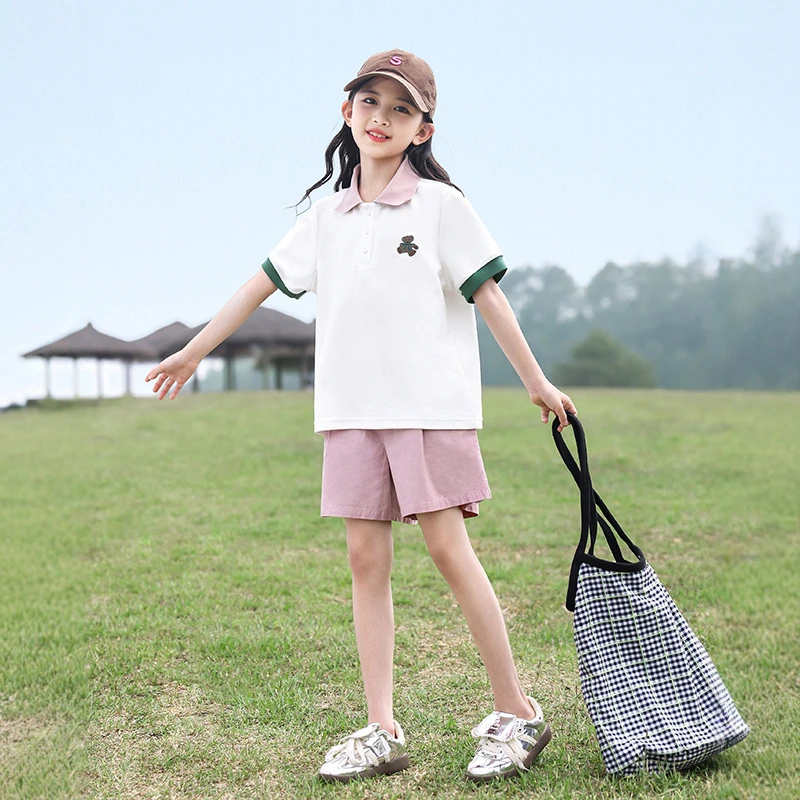 女童polo领绣花短袖+休闲短裤25464