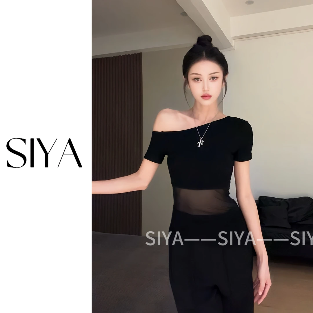 【SIYA】法式镂空黑丝拼接斜肩黑色T恤上衣高腰女夏装