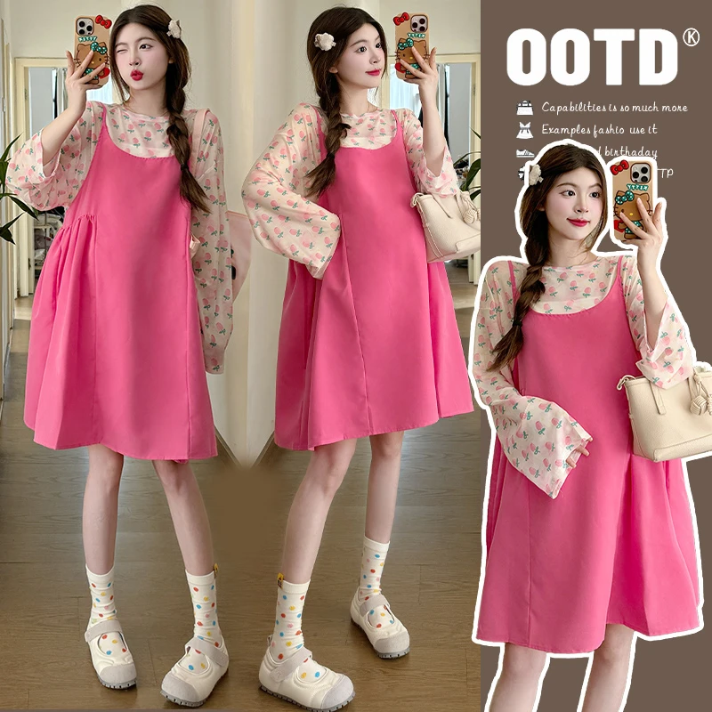 2025春款韩版气质时尚减龄防晒上衣+多巴胺糖果色宽松孕妇吊带裙