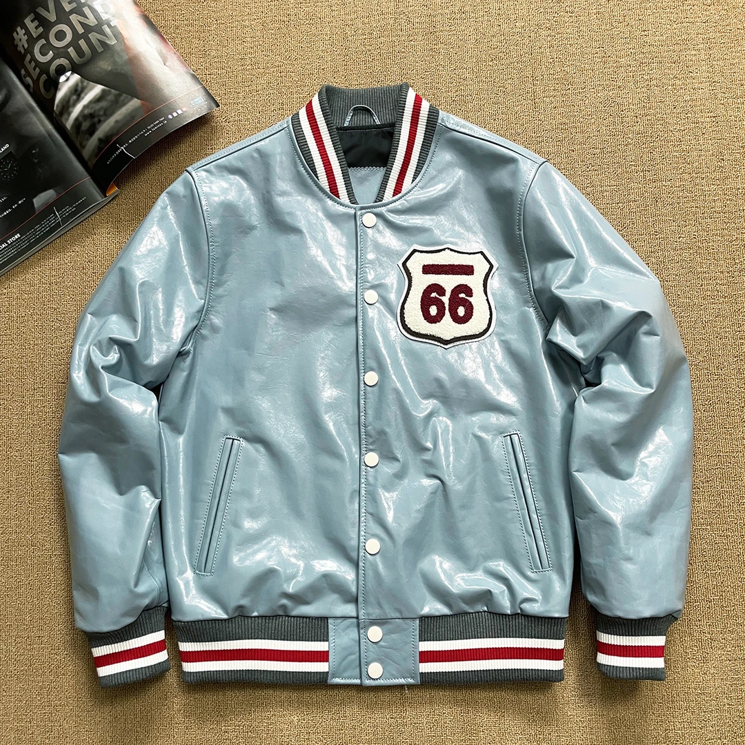 出口订单剩余天蓝色小牛皮夹克刺绣潮流青年外套高级真皮皮衣男