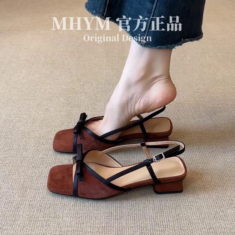 MH官方法式复古蝴蝶结凉鞋外穿舒适低跟百搭气质露趾一字带凉鞋