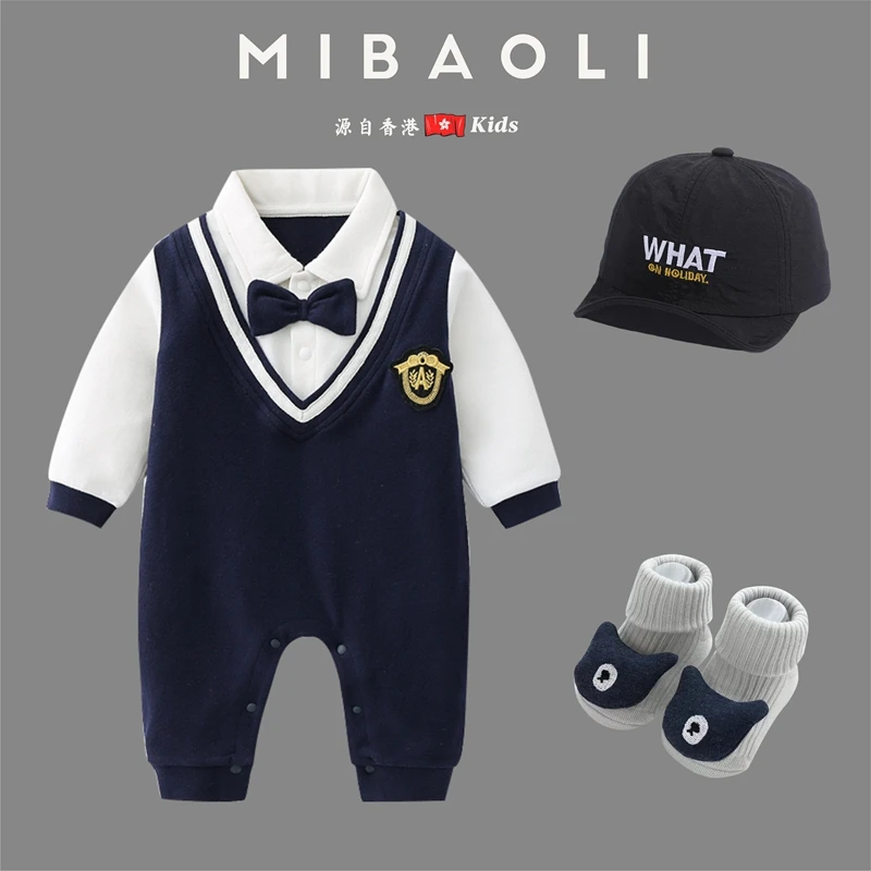 香港婴儿服夏装衣服学院风连体衣满月一周岁礼服百天宴男宝宝春秋