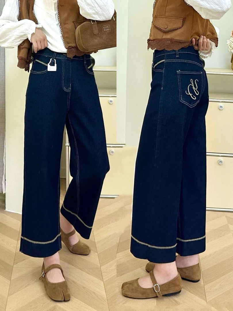 秋季新款法棍牛仔裤女微胖大码宽松高腰显瘦小个子弹力九分直筒裤