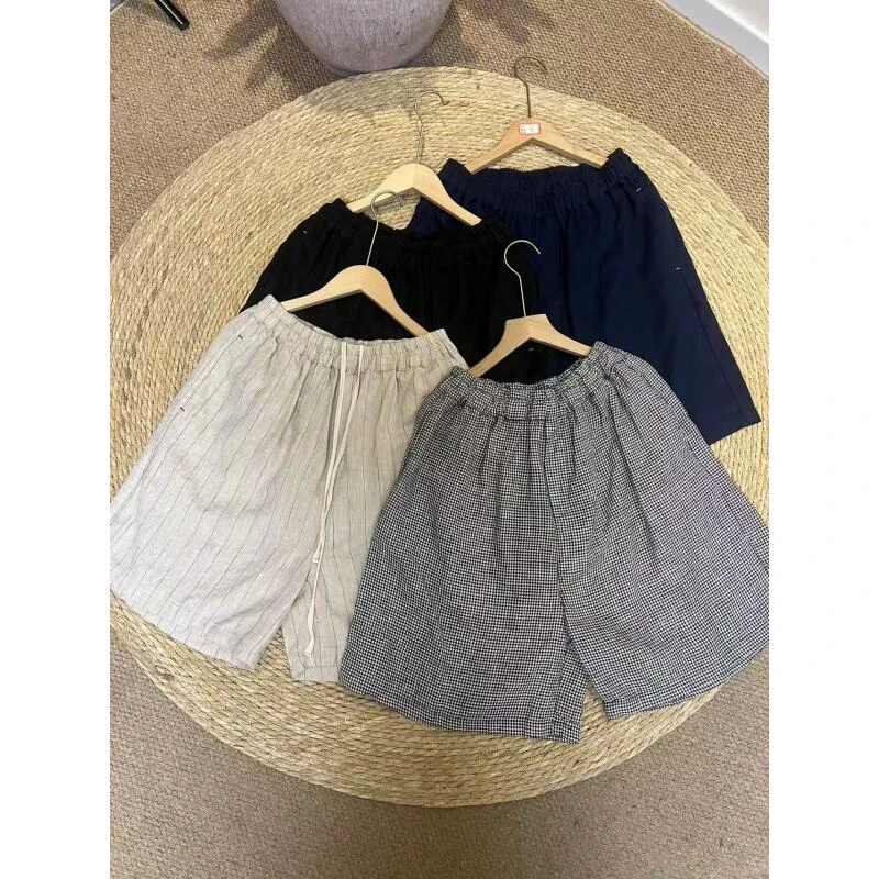 日单夏季新款休闲百搭简约文艺风色织亚麻短裤