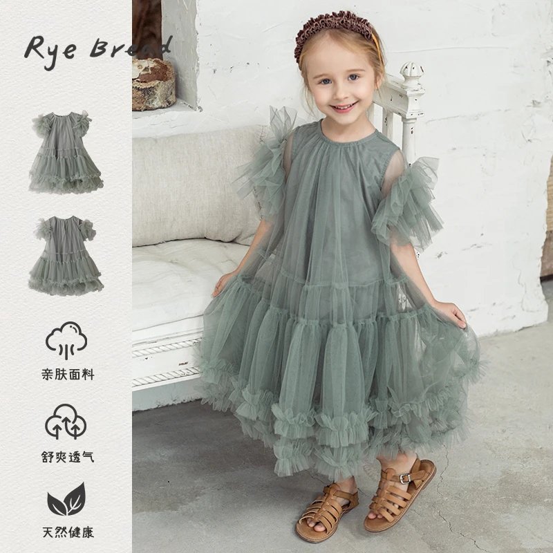ryebread/黑面包童装 韩版清新风女小童网纱花边连衣裙 5夏