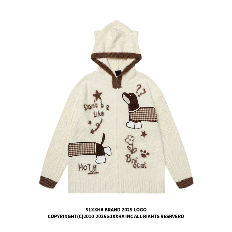 51嘻哈美式复古动物植绒马海毛开衫毛衣男女潮牌兔耳连帽针织外套