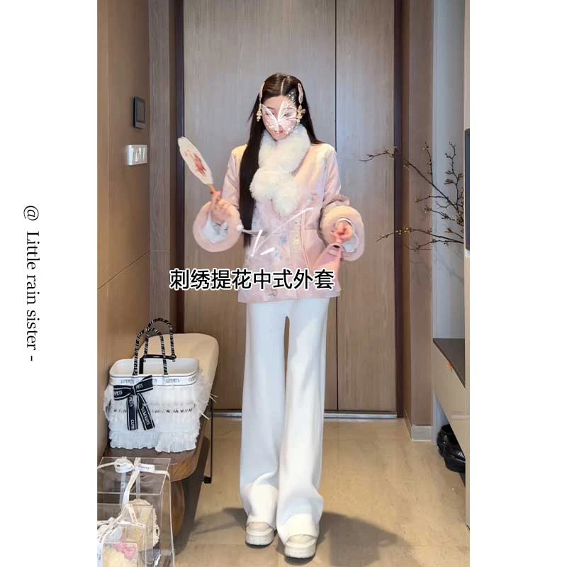 小雨姐姐新款【瑾粉如烟】新中式国风刺绣提花盘扣毛毛袖口外套