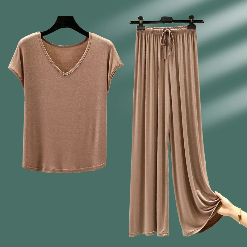 可外穿莫代尔v领背心休闲裤家居服套装女夏季宽松薄款两件套睡衣