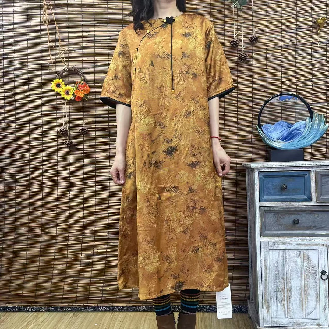 6022新款黄色斜门襟盘扣文艺优雅时尚气质印花长款大摆连衣裙