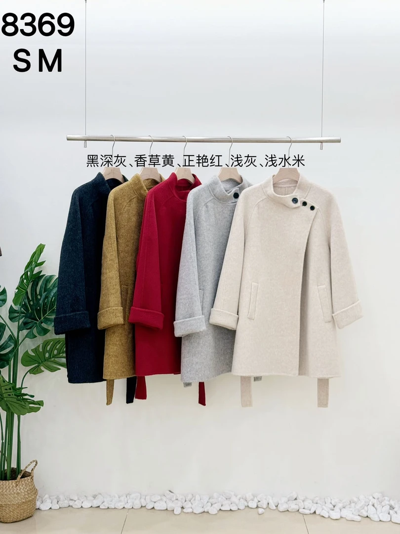 8369立领中款长款秋冬立领拼接中长款毛呢外套网红浅灰呢子