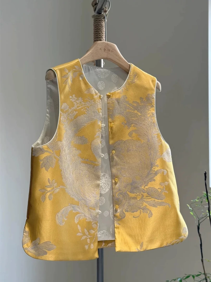 林姐家推荐国风工字型扎染马夹立领马甲双层 龙凤呈祥黄