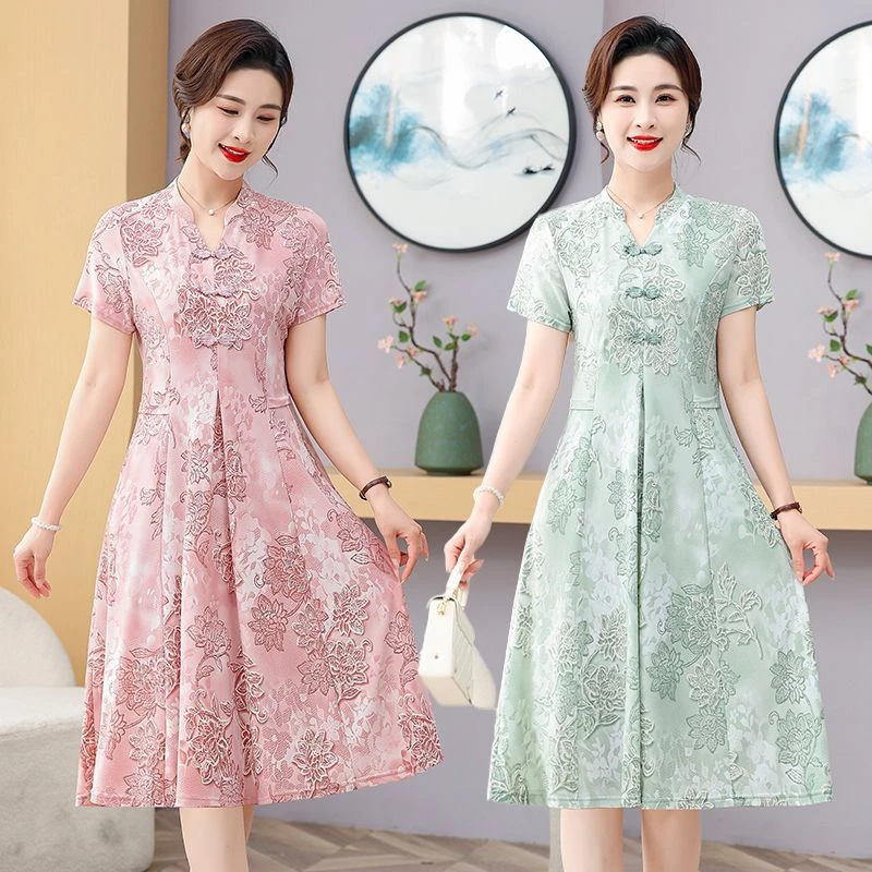 新中式国风妈妈装夏季新款短袖连衣裙宽松显瘦过膝洋气衣服女裙子