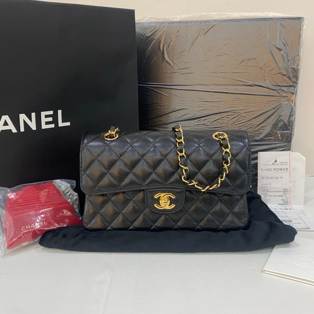 99新 Chanel/香奈儿 黑金cf小号荔枝皮芯片款单肩斜挎包