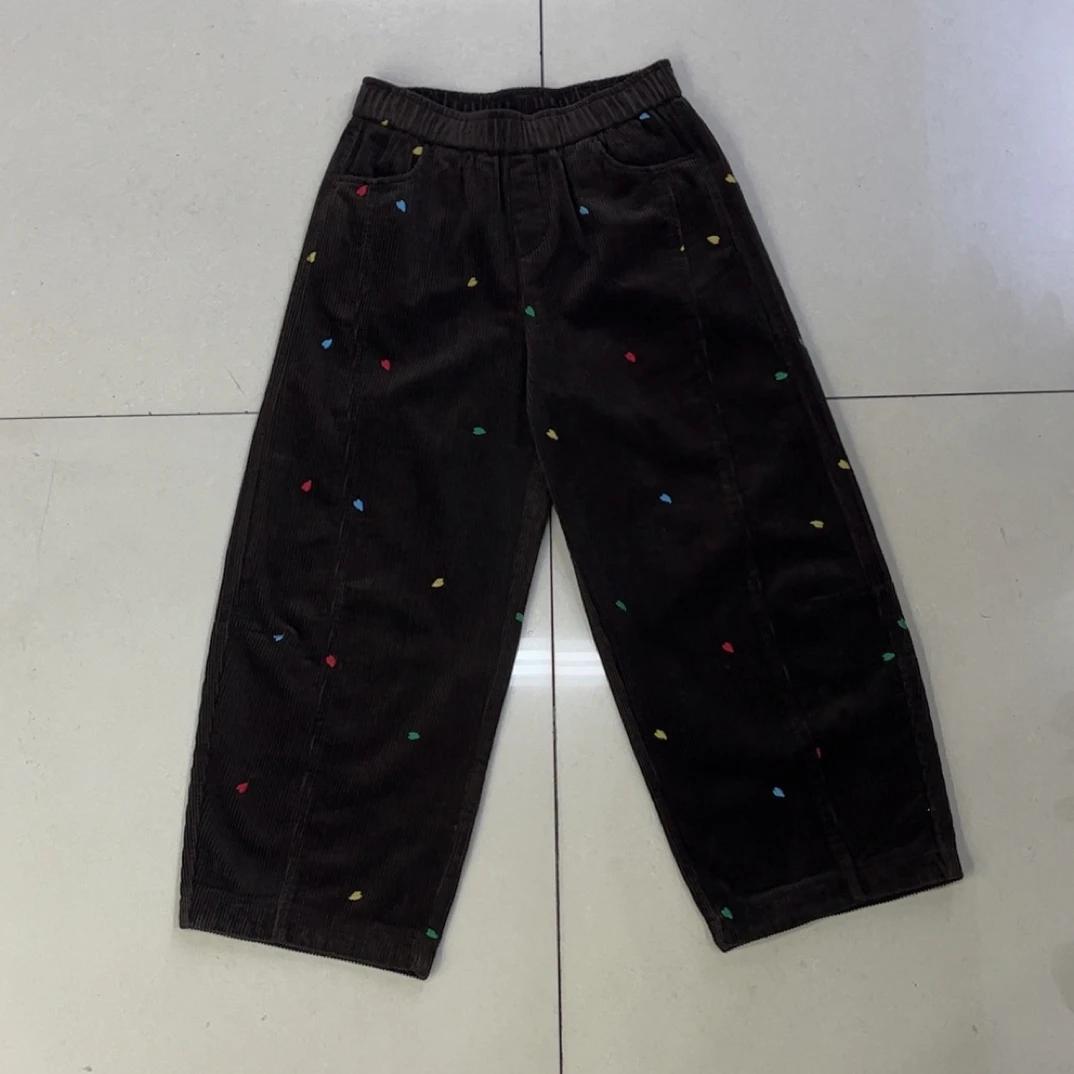 秋冬新款加厚高腰爱心刺绣显瘦百搭宽松休闲灯芯绒阔腿裤女9312