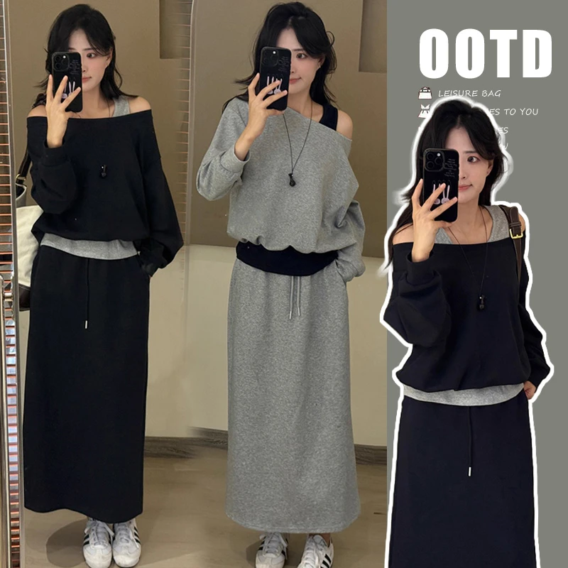 运动卫衣韩系孕妇装女秋装显瘦高腰新款撞色露肩假两件上衣半身裙