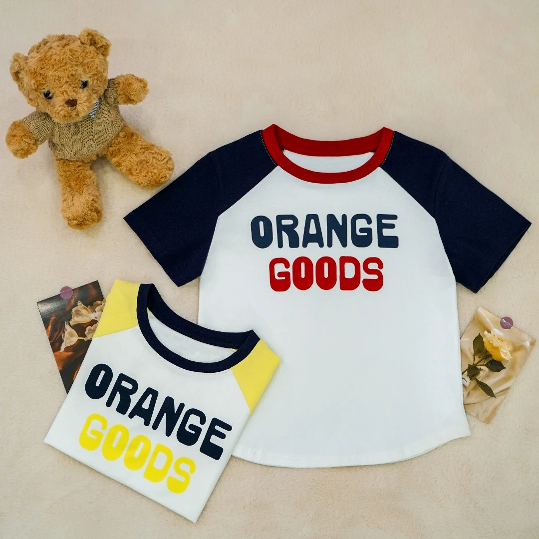 2025夏季新款插肩袖字母印花T恤圆领撞色短袖女遮肉显瘦百搭小衫