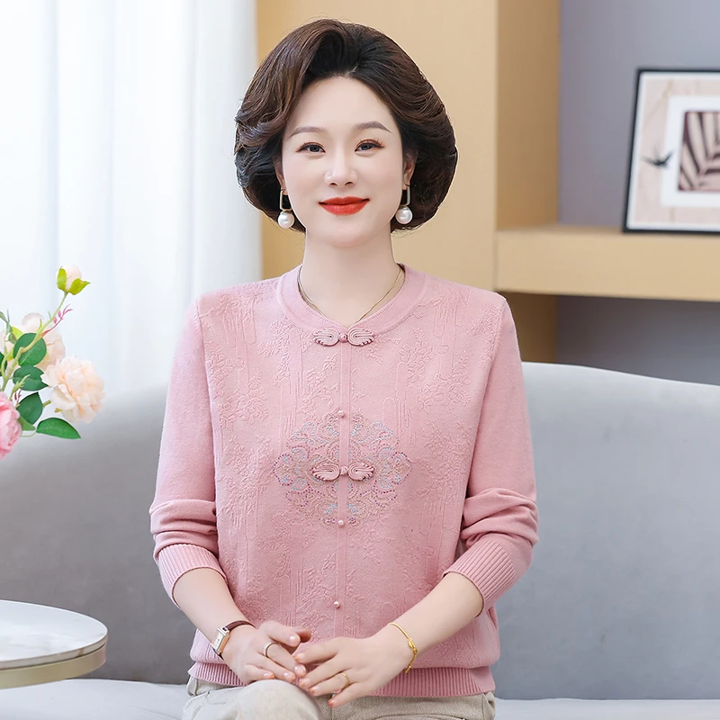 妈妈装秋装国风针织长袖气质上衣中老年女装秋季新款宽松洋气小衫