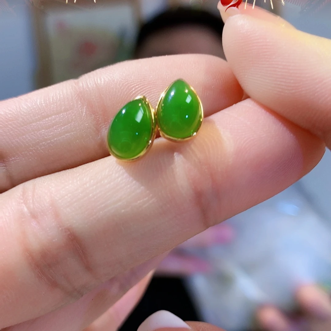 和田玉（碧玉）耳饰银S925镀金镶嵌