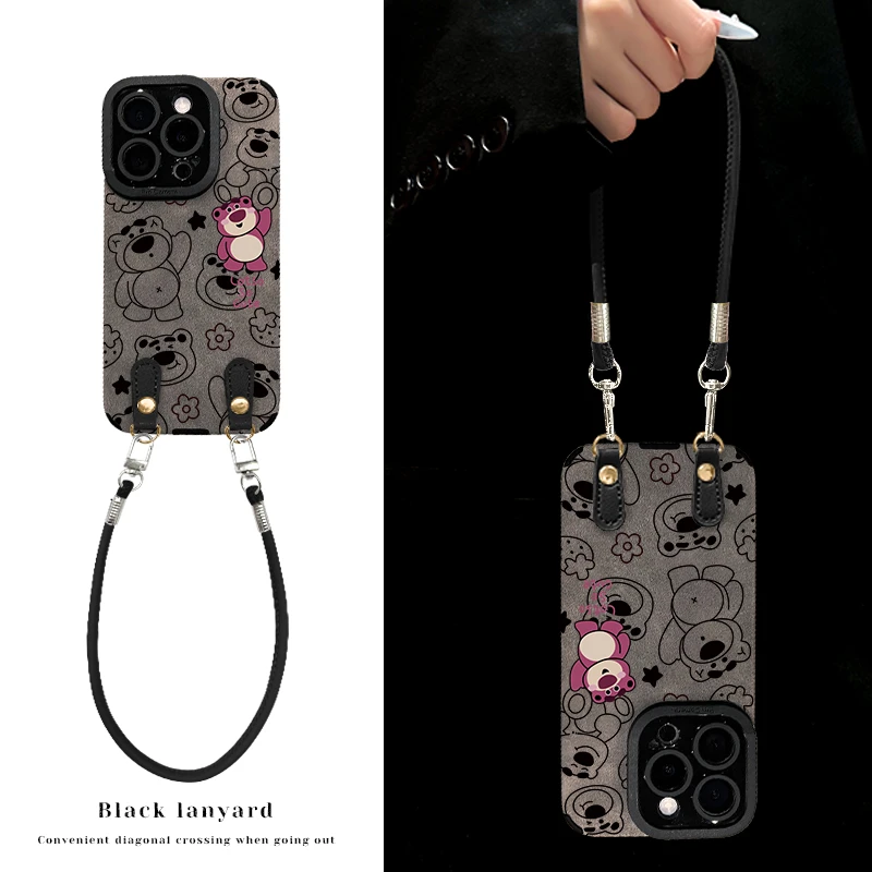 线条草莓熊适用苹果15华为vivo/oppo小米iPhone16pro翻毛皮手机壳