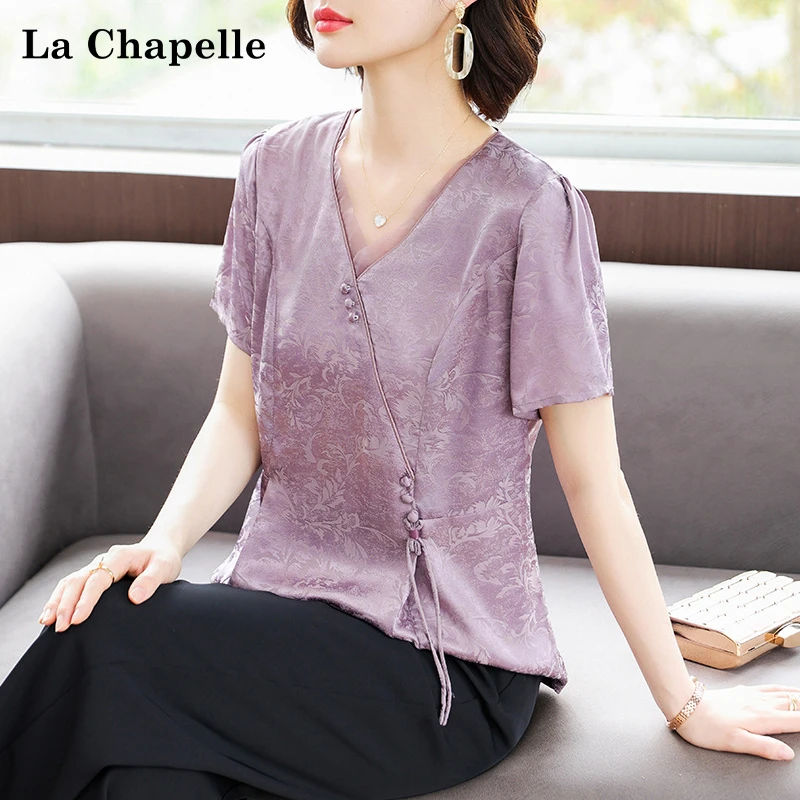 拉夏贝尔母亲节新中式妈妈夏装雪纺小衫套装中老年女夏季短袖T恤