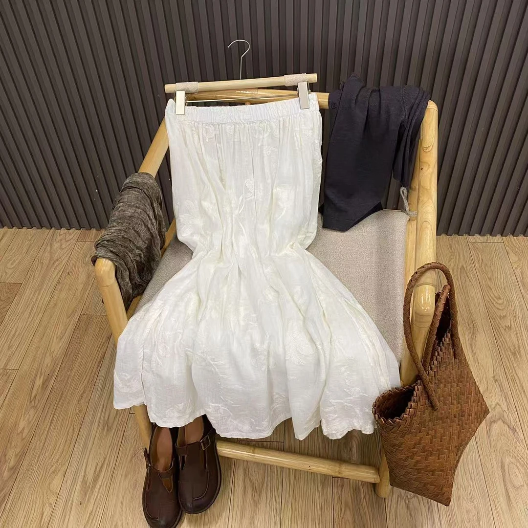 刺绣棉麻半身裙纯色百搭宽松高腰显瘦中长A字裙女Q712