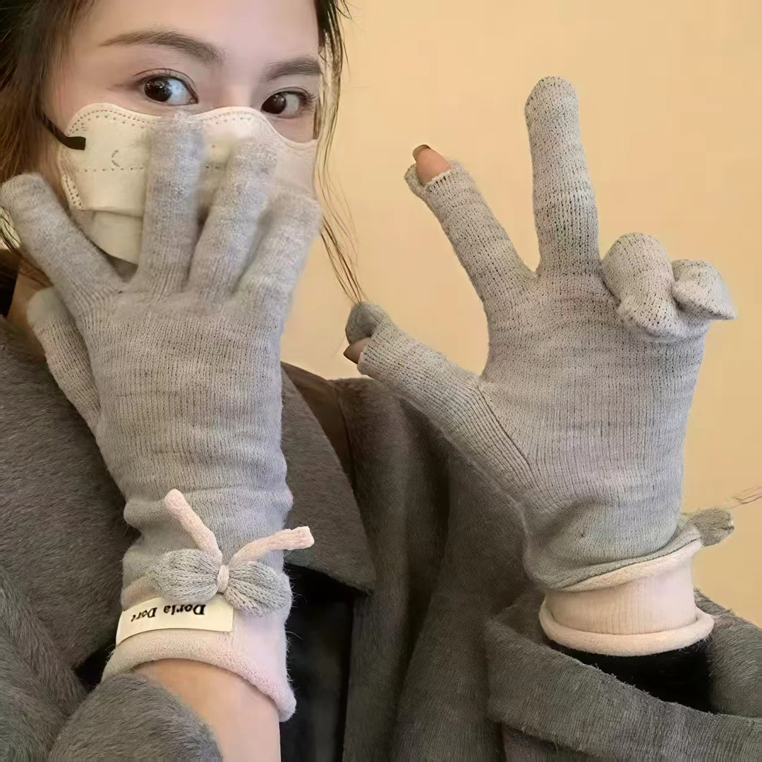 蝴蝶结手套女冬季韩版百搭可爱五指毛线手套保暖防寒骑行