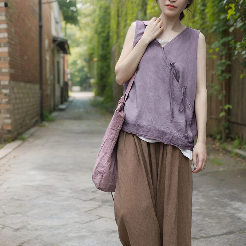 山千念壹夏季文艺复古清凉上衣铜氨丝拼片系带背心新中式国风小衫