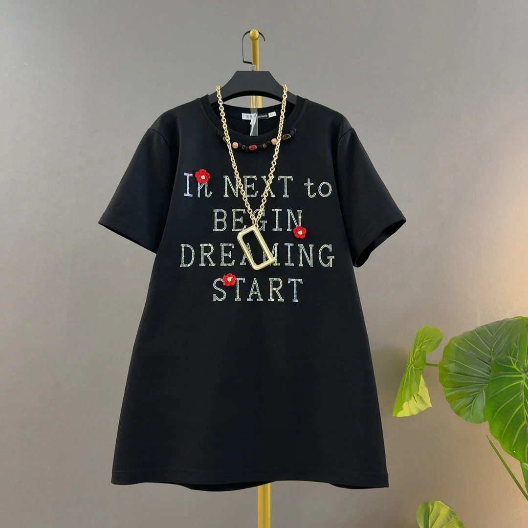 欧货新款胖妹妹圆领串珠烫钻字母小花中长款宽松遮肉大码女装半袖