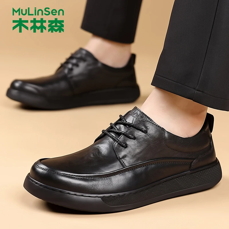 木林森通勤皮鞋男款头层牛皮舒适一脚蹬英伦黑色真皮男鞋爸爸鞋