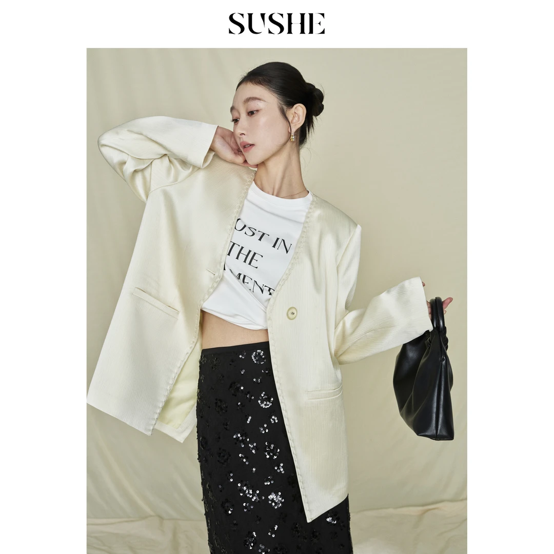 SUSHE霁玉光泽春秋肌理感2025年春季新款特种绣西装外套女秋季